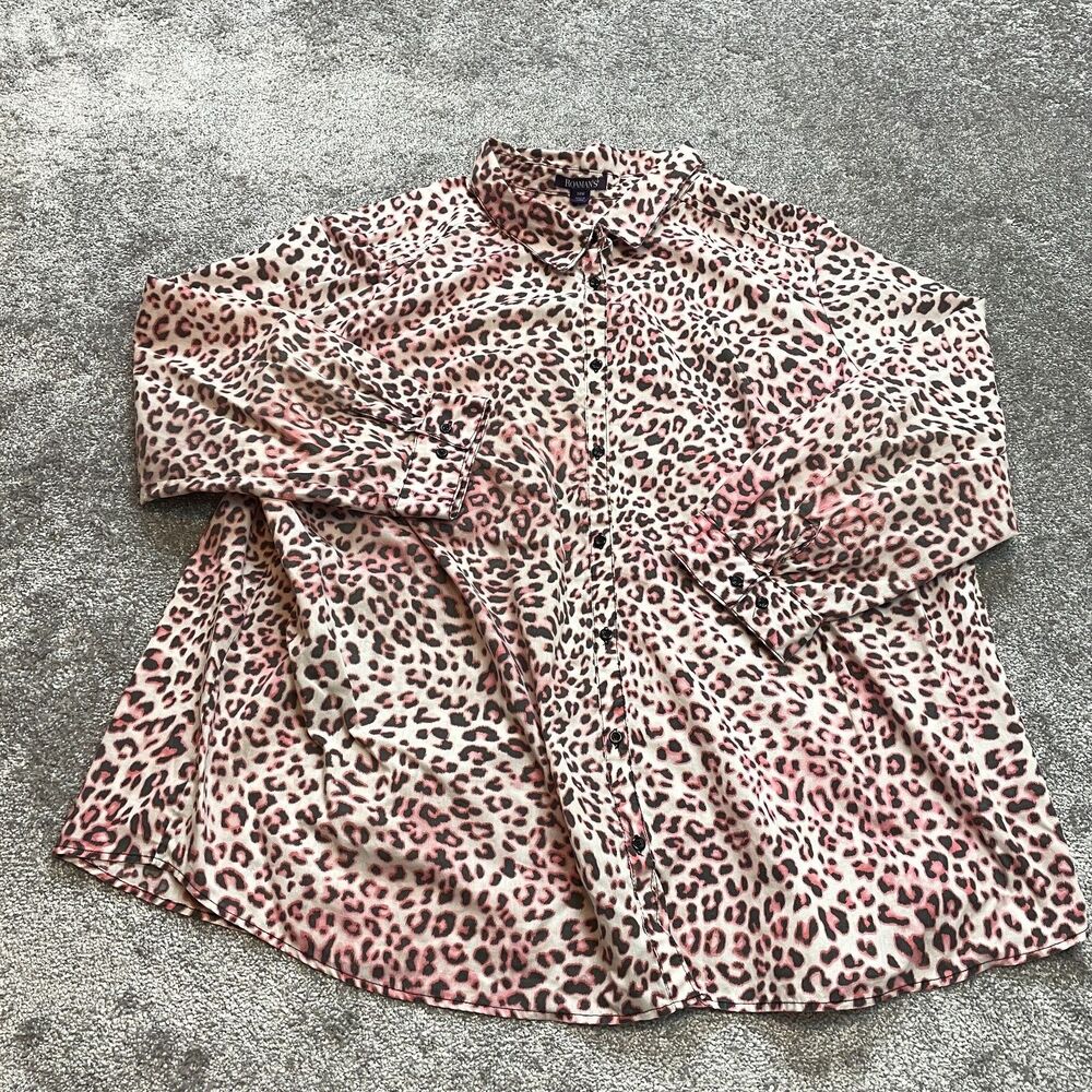 Roman's Blouse Button Up Shirt Womens 34 W White Pink Leopard Print Long Sleeve